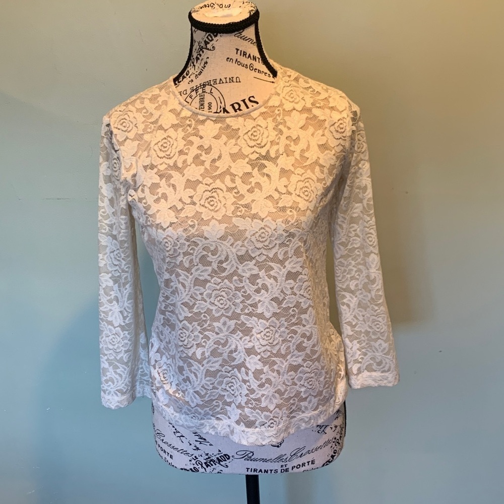 Kate Hill Women’s Small Dressy Cream Semi-Sheer Lace Top with Sheer 3/4 Sleeves